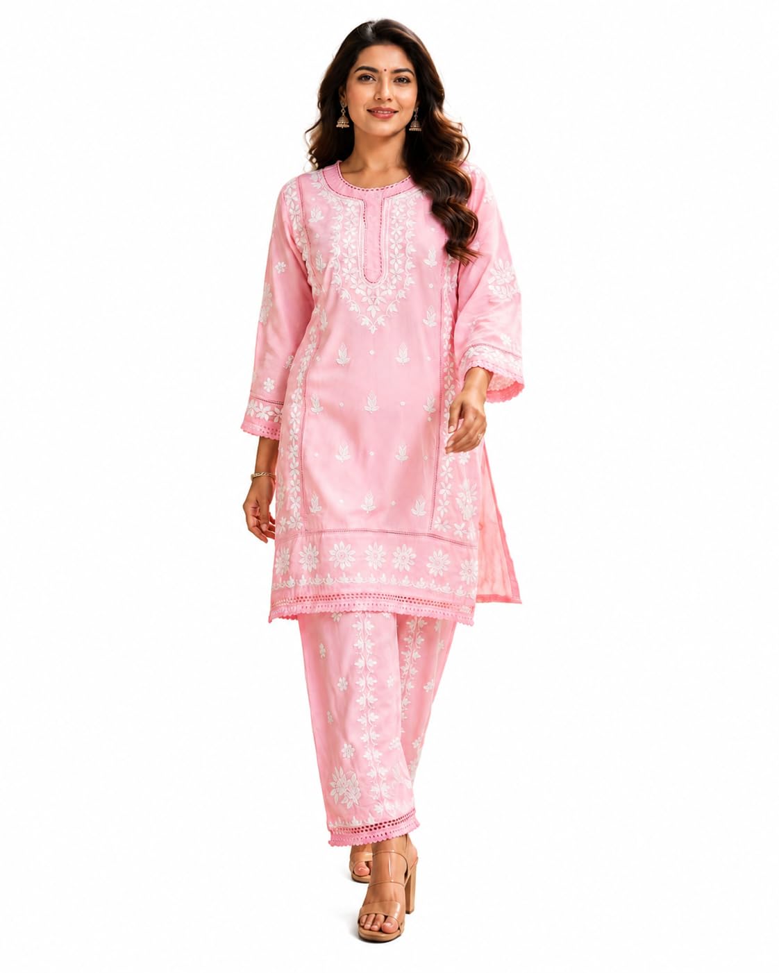 Bansari Collections Women's Pure Rayon Hand Chikankari Embroidered Kurta Pant Set with White Thread Floral Embroidery, Round Split Neck, 3/4 Sleeves, Regular Fit, Baby Pink-picture-18