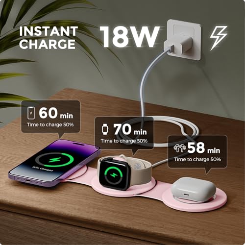 Image of Hicober 3 in 1 Wireless Charging Station for Apple Watch and iPhone Air 17 16 15 14 13 12 Pro Max /Plus, Magnetic Foldable Wireless Travel Charger Station Stand for Airpods iWatch All Series Pink