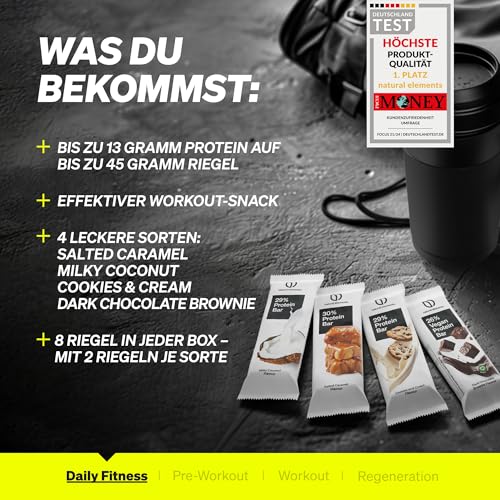 natural elements Proteinriegel Mixed Box – verschiedene Low Sugar Eiweißriegel – 8 Stück mit bis zu 13g Protein – vegetarisch, ohne Palmöl – in Deutschland laborgeprüft
