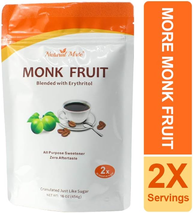 Monk Fruit Zero Calorie Sweetener (2x Sugar Sweet, Original), 16 oz - Granular Powder Blended with Erythritol - Sweet Natural Alternative to Xylitol and Stevia - Sugar Replacement for Keto, Paleo, Low GI (Pack of 3)