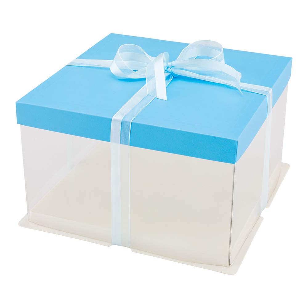 Restaurantware Sweet Vision 10 Inch x 8.25 Inch Transparent Cake Boxes, 10 Grease Resistant Base Clear Cake Boxes - Blue Lid, Blue Ribbon, Plastic Birthday Cake Boxes, For Weddings Or Birthdays