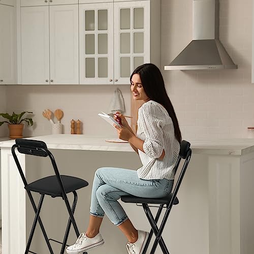 Image of Thyle 2 Pcs Folding Bar Stool with Backrest, Tall Foldable Stool Chair Portable High Folding Bar Chair Counter Height Seat Leather Padded for Kitchen Island Shop Cafe Dining Room Black (27.5 Inch)