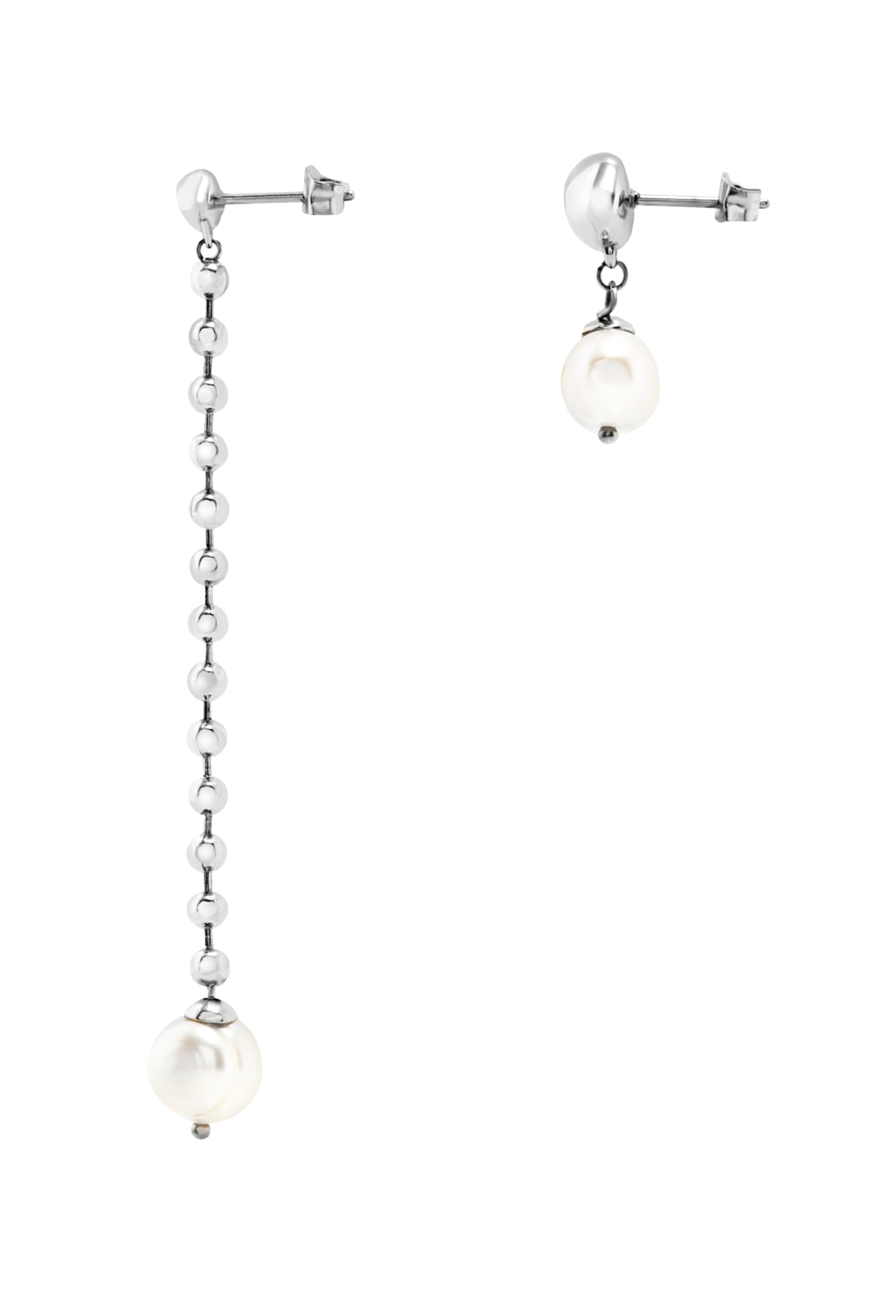 Breil, Collezione B Rocks, Orecchini Donna Asimmetrici in Acciaio con Perle Naturali di Acqua Dolce e Boule in Acciaio Lucido, Chiusura a Farfalla, Idea Regalo Donna