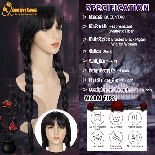 Image of QUEENTAS Braided Black Pigtail Wig for Women Gothic Long Black Braids Wigs with Bangs Cosplay Halloween Costume Wig
