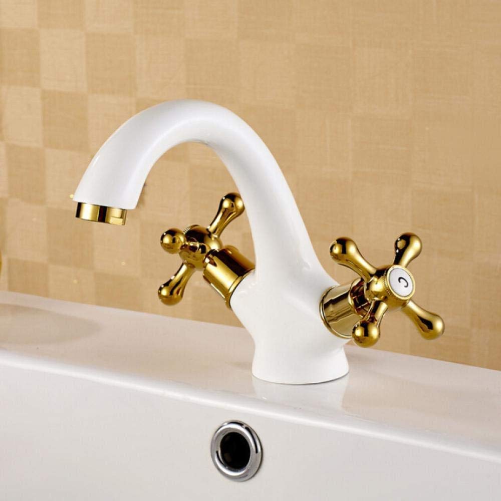 Grifos ZERAPH Grifos para Lavabo de Baño Fríos Blancos y Dorados Mezcladores de Lavabo de Dos Manijas de Latón para Montaje en Cubierta