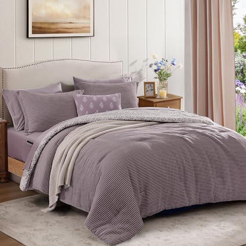 Image of BLOOMHAVEN Queen Comforter Set - 7 Pieces Deep Purple Bedding Sets for All Seasons, Lightweight Breathable Bed in a Bag Queen with Revesible Farmhouse Comforter, Sheets, Pillowcases & Shams