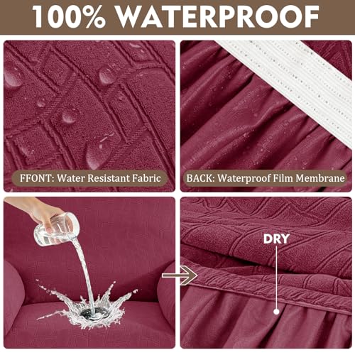 Image of ZNSAYOTX 100% Waterproof Recliner Chair Covers, 3-Piece Stretch Fit Recliner Slipcovers with Buckle & Elastic Band for Lazy Boy, Stay in Place, Soft Plaid Jacquard Protector (Small, Wine Red)