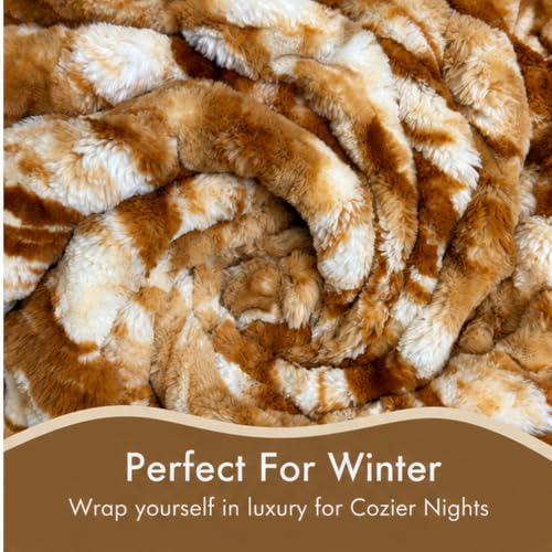 Image of Signature 3-Ply Faux Rabbit Fur Blanket King Size | Ultra Soft Heavy Weight Quilt-Feel Blanket | 6kg Luxury Winter Comforter for Bed Ideal for Heavy Winters (Caramel Strata)