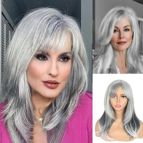 CINHOO Ombre Long Curly Bob Wig with Bangs, Layered Gray