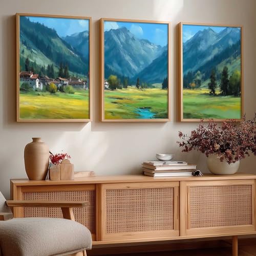 Image of kotart Abstract Nature Art Framed Paintings | Big Aesthetic Mountains View Painting | Vastu Frames for Bedroom Living Room Wall Decor Set Of 3 (13X17 inch)