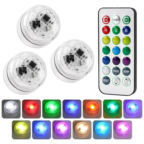 3Pcs Mini Submersible LED Lights with Remote IP68 Waterproof RGB Coloured Tea Lights Battery Operated Flameless with 16 Colors for Pool Hot Tub Aquarium Vase Party Decorations