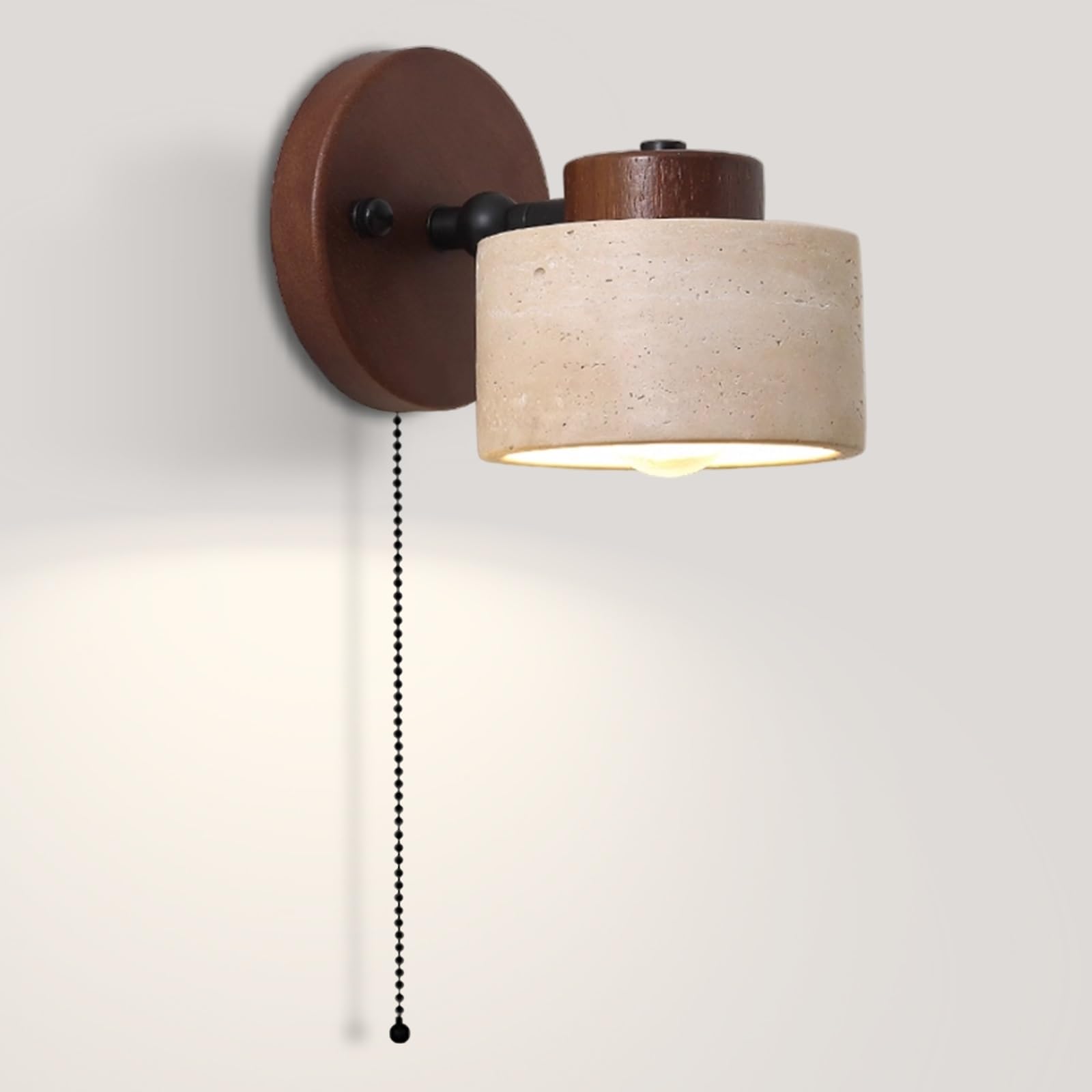 Żółta lampa ścienna z trawertynu, japoński styl oświetlenia artystycznego wabi-sabi, kinkiet ścienny z naturalnego kamienia z drewnianą podstawą i włącznikiem pociąganym(Walnut color)