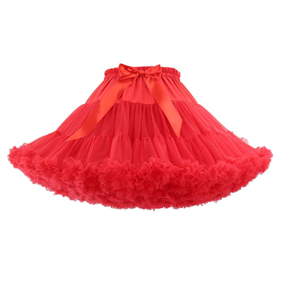 PhilaeEC Women's Elastic Waist Chiffon Petticoat Puffy Tutu Tulle Skirt Multi-Layer Cosplay Fluffy Skirt Underskirt, Length 40cm, Waist 55-95cm (Red)
