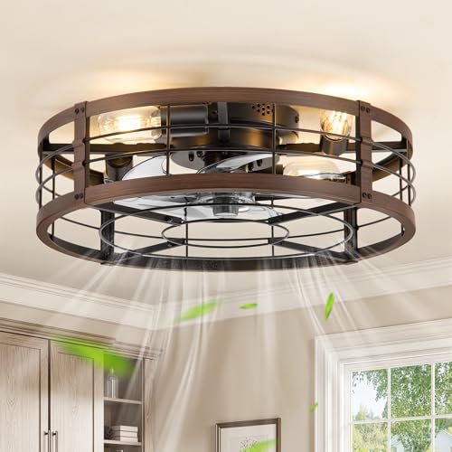 Image of LEDIARY 20 inch Caged Ceiling Fan with Light and Remote, Low Profile Flush Mount Fandelier, Walnut Bladeless Enclosed Small Fan Lights Ceiling Fixtures, Rustic Farmhouse Style for Bedroom, Outdoor
