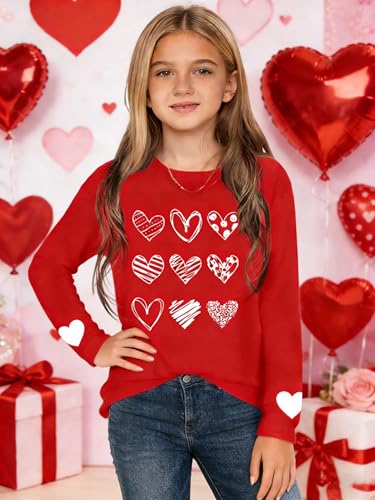 Image of Girls Valentines Day Shirt:Cute Heart Graphic Long Sleeve Tee Tops 6-14y