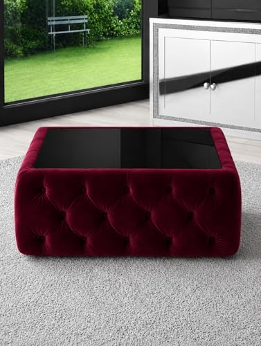 Image of Premium Tufted Upholstered Coffee Table with Mica Top - Modern Square Ottoman Center Table, Soft Velvet Finish, Luxury Living Room Furniture - 30 x 30 x 18 Inch (Maroon)