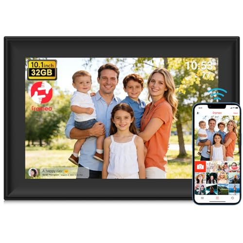 FRAMEO   Marco de fotos digital de 10.1 pulgadas WiFi con pantalla táctil   Pantalla IPS HD de 1280 x 800, rotación automática, almacenamiento integrado de 32 GB, soporte SD/USB, uso compartido