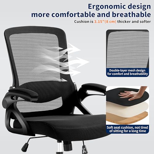 Image of Ergonomic Office Chair, Desk Chair with Adjustable Lumbar Support, Breathable Mesh Comfy Computer Chairs with Flip-up Armrests Executive Task Chair for Adults Home Office(Black)