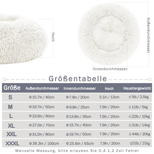 Hundebett Katzenbett Flauschig Rund aus Plüsch - Donut Kuscheliges Hundekissen Hundekorb Waschbar S/M/L/XL/XXL für Kleine, Mittelgroße und Große Hunde, Katzen und Andere Haustiere (M-50cm, Weiß)