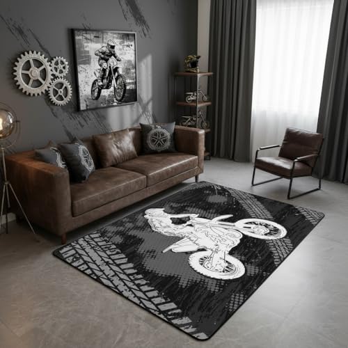 Racing Car Area Rug 3'x5',Motocross Motorcycle Decor Non Shedding Rug for Kids Teen Adults,Extreme Sport Dirt Bike Decorative Carpet for Playroom Bedroom Dining Room