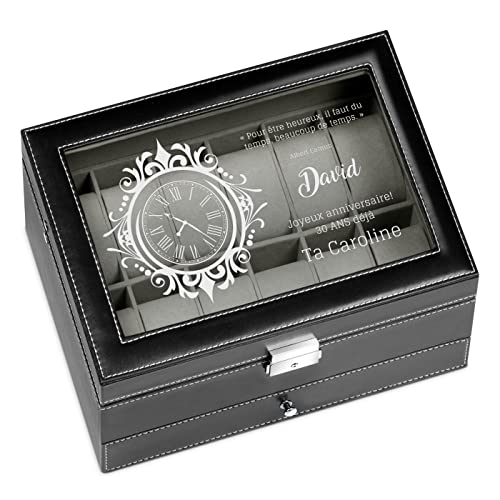 Maverton Boîte de Rangement avec Vitrine Gravée - Étui pour 12 Montres - Présentoir en Cuir noir à personnaliser - Cadeau d’anniversaire pour chaque homme - Anniv Cover