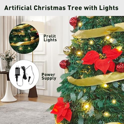 Dc Diclasse 6Ft Collapsible Christmas Tree, Pre-Decorated Xmas Tree With 200 Warm Lights, Pop Up Christmas Tree With Gold And Red Balls thumb #3