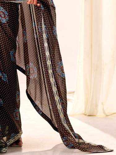 Image of AKHILAM Women's Bandhani Printed Chiffon Saree with Blouse