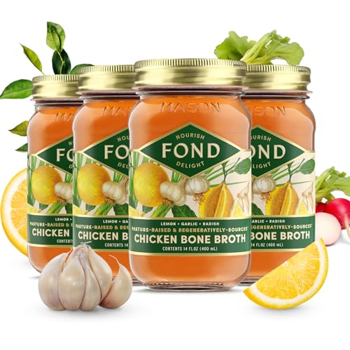FOND Regenerative Pasture-Raised Chicken Bone Broth Infused with Organic Lemon & Garlic – Slow-Simmered Chicken Broth for Rich and Nourishing Flavor, Nutrient-Dense, Artisan Quality – 14 oz (4-Pack)