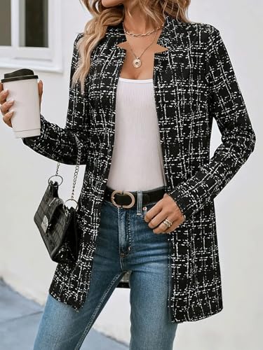 ebossy Women's Casual Slim Notched Plaid Tweed Blazer Elegant Open Front Long Sleeve Thigh Length Jacket Dress Coat3