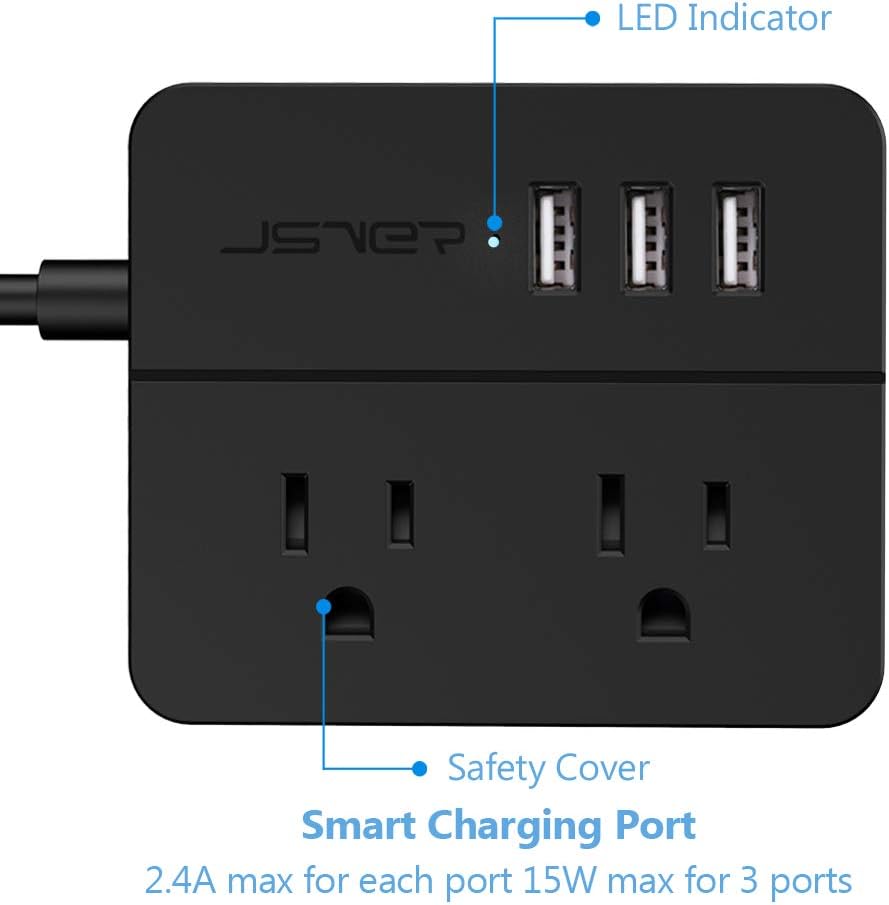 USB Power Strip JSVER Power Strip with 3 USB, Power Strip Surge Protector, 2 AC Outlet Strip, USB Charging Station with 3.94ft Extension Cord, Mini Power Cord for Home, Office, Dorm, Travel (Black)