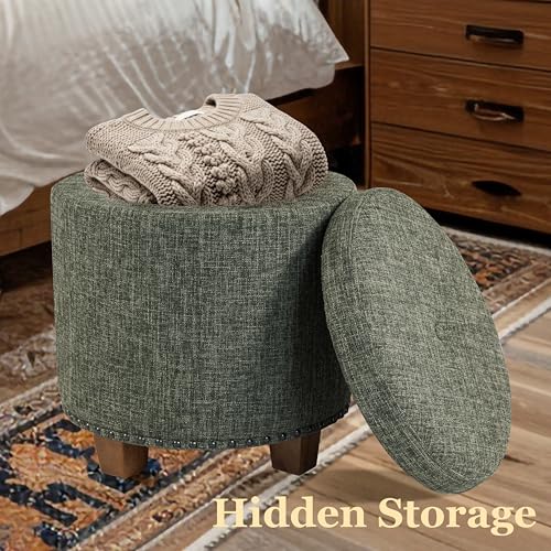 Image of HomePop 18.5 inch Round Storage Ottoman with Nailheads - Green Clover Fabric