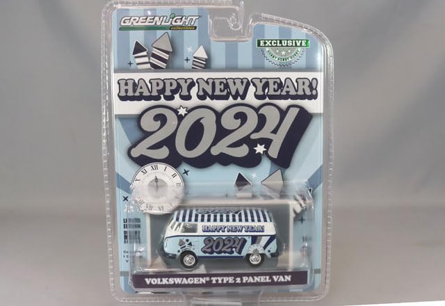 Greenlight Volkswagen Type 2 Panel Van Happy New Year 2024" Light Blue and White with Striped Top Hobby Exclusive Series 1/64 Diecast Model Car