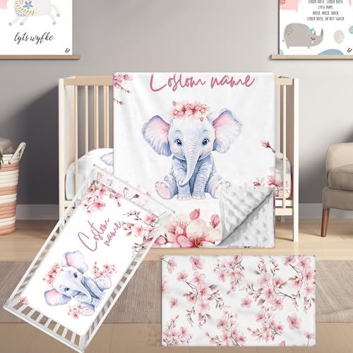 Terwex Custom Name Crib Bedding Set, 3 Pcs Personalized Baby Crib Bedding Set, Soft Flower Elephant Nursery Crib Sets for Boys Girls, Double Layer Toddler Bedding Set Customized Gifts for Newborn Kids