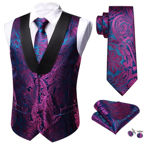 Image of Barry.Wang Mens Silk Lapel /Shawl Collar Vest Tie Sleeve Holder Set Formal /Casual Paisley Vests Wedding Tuxedo Waistcoat