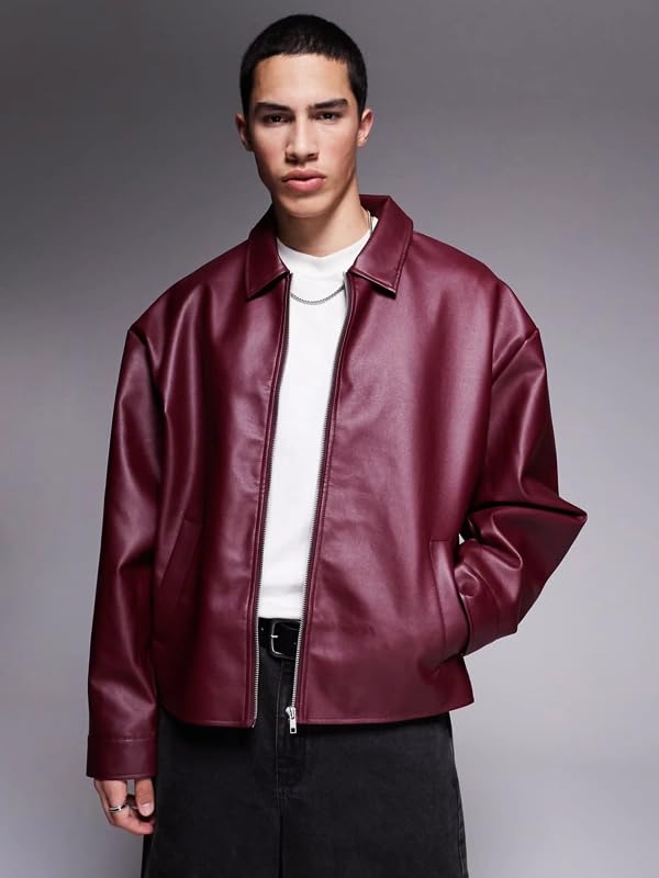 Image of EXOTIX Burgundy Leather Crop Jacket for Men | Collared Zip-Up Classic Style | Crop Fit Racing Sports Bomber Jacket for Casual Wear