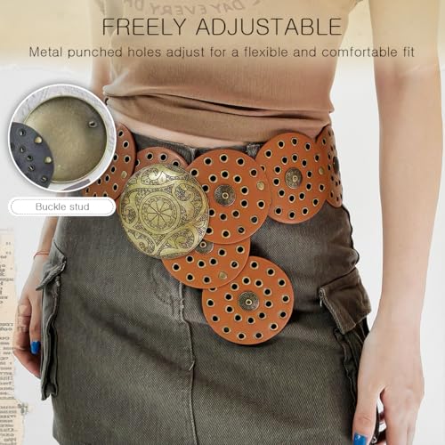 Vintage Wide Disc Leather Belt For Women Western Cowgirl Style Hollow Concho PU Leather Disk Metal Buckle Waist Belt4