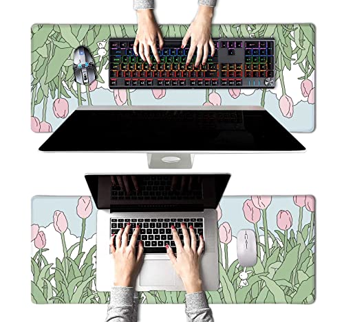 Image of Kawaii Pink Flowers Mouse Pad, Nature Mousepad Cute, Minimalistic Desk Mat, Bunny Anime Desk Pad, Extra Large Mouse Pad, 31.5 X 11.8 Inch, Aesthetic Wildflowers