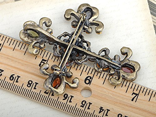 Alilang Womens Vintage Inspired Brass Tone Shiny Multi Rhinestones Antique Colorful Holy Cross Brooch Pin Pendent #TOP2