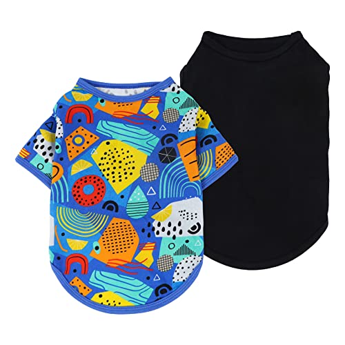 Fitwarm 2-Pack Dog Shirt, Memphis Dog Clothes For Small Dogs, Cotton Sleeveless Tank Top + T-Shirt, Cat Apparel, Royal Blue, Black, Small #TOP19