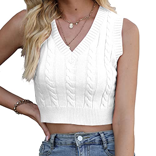 Women's V-Neck Knit Sweater Vest Solid Color Sleeveless Crop Knit Vest Sweaters