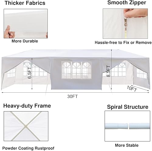 Miniatura 2 de Tienda de campaña blanca para exteriores de 10 x 30 pies, tienda de campaña impermeable con 8 paredes laterales extraíbles, 2 puertas, tienda de
