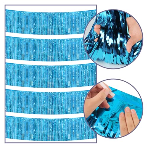 Image of 5 Pack 10 Feet Blue Fringe Garland Foil Fringe Garland Teal Blue Parade Float Fringe Metallic Streamers Tinsel Fringe Banner for Birthday Party Decor Halloween Christmas Decoration (Teal Blue)