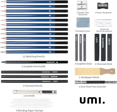 Image of Amazon Brand - Umi 33 Pcs Drawing Pencils Shading Pencils Set Drawing Kit Sketching Kit Sketch Pencils Set,Ink Color-Black