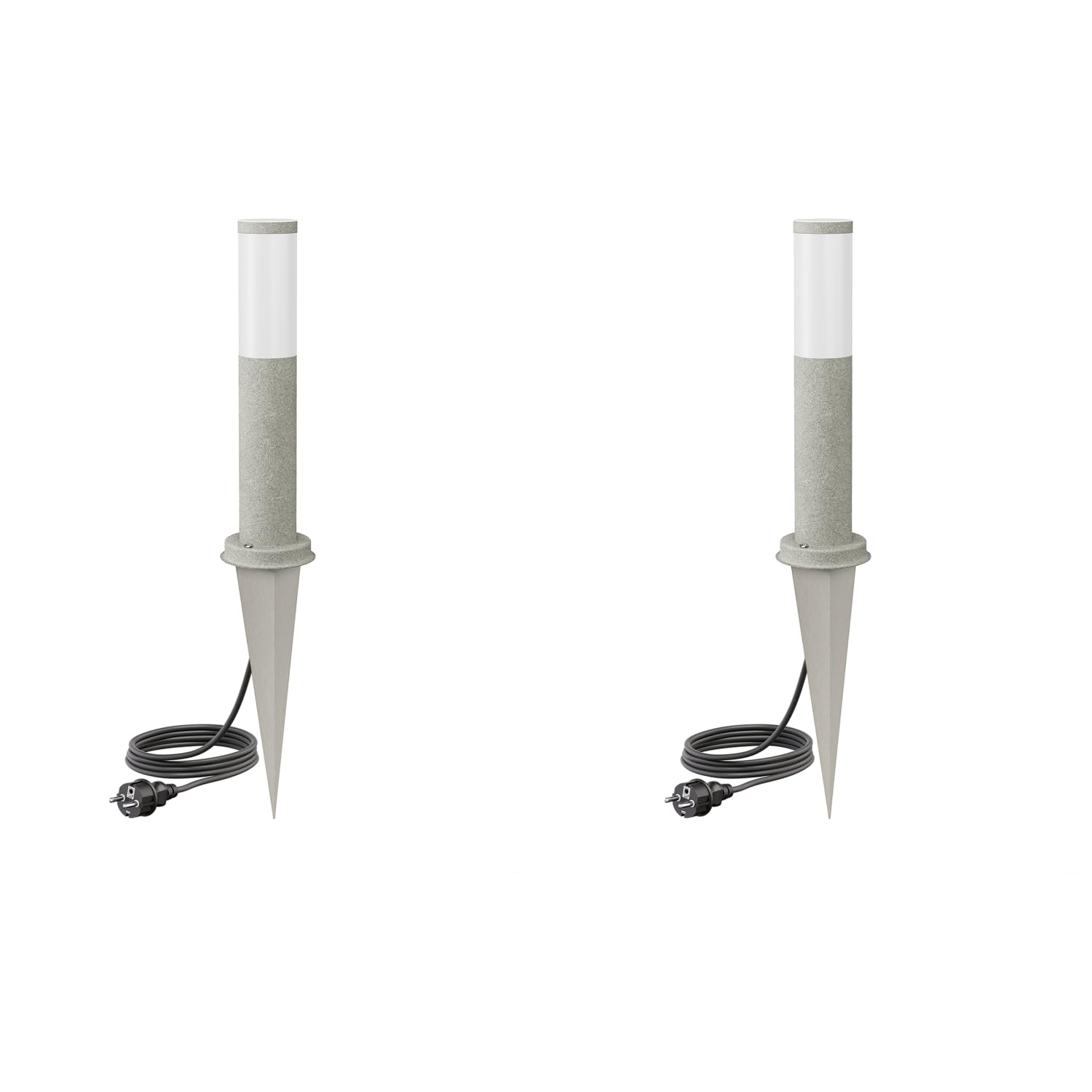 ledscom.de 2x Pollerleuchte PORU mit Erdspieß und 2m Kabel für außen, 39cm, grau (Stein-Optik), inkl. E27 Lampe 471lm, extra-warmweiß