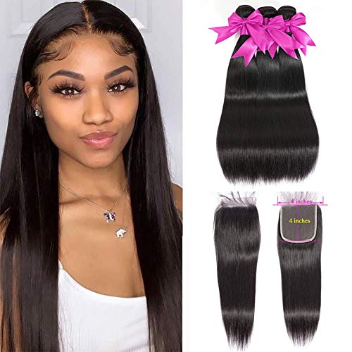 Straight Hair Bundles with Closure (16 18 20+14 Inches) 10A Brazilian Human Hair Bundles with Closure 100% Unprocessed Virgin Straight Hair Weave 3 Bundles with 4x4 Free Part Lace Closure 3.9