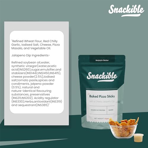 Image of Snackible Baked Pizza Sticks with a Cheesy Jalapeno Dip (Pack of 12) - 4x75gm | Baked | Low Calorie | No Preservatives | Cracker&Dip [Package may differ]