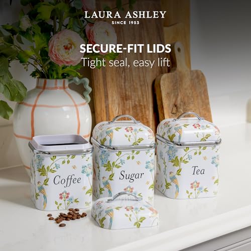 VQ Laura Ashley Tea, Coffee, and Sugar Canister Trio - Stainless Steel Storage Jars with Removable Lids - Elveden White Design - Image 9
