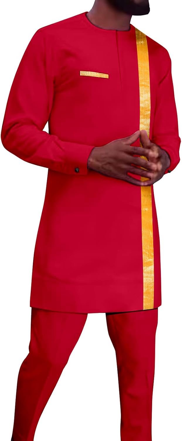 Men`s Tracksuits Full Sleeve Embroidery Shirts and Pant 2 Piece Set Dashiki Outfits African Suits for Men