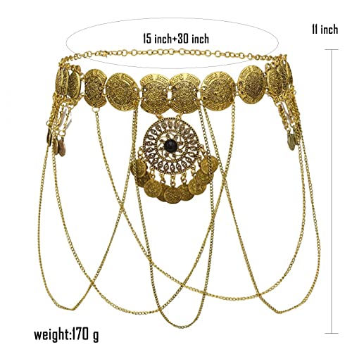 Vintage Flower Turquoise Chain Belts Silver Pear coin Pendant Metal Waist Belt Western Body Jewelry for for Women Dress Vest Jeans for Waistline 25-45inch (Gold Plated)4