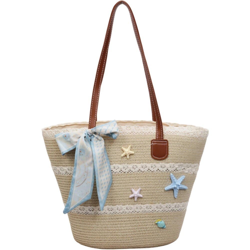 Fituenly Women’s Woven Tote Bag, Trendy Handbag with Silk Scarf, Casual Shoulder Bag for Birthday, Vacation and Street Use